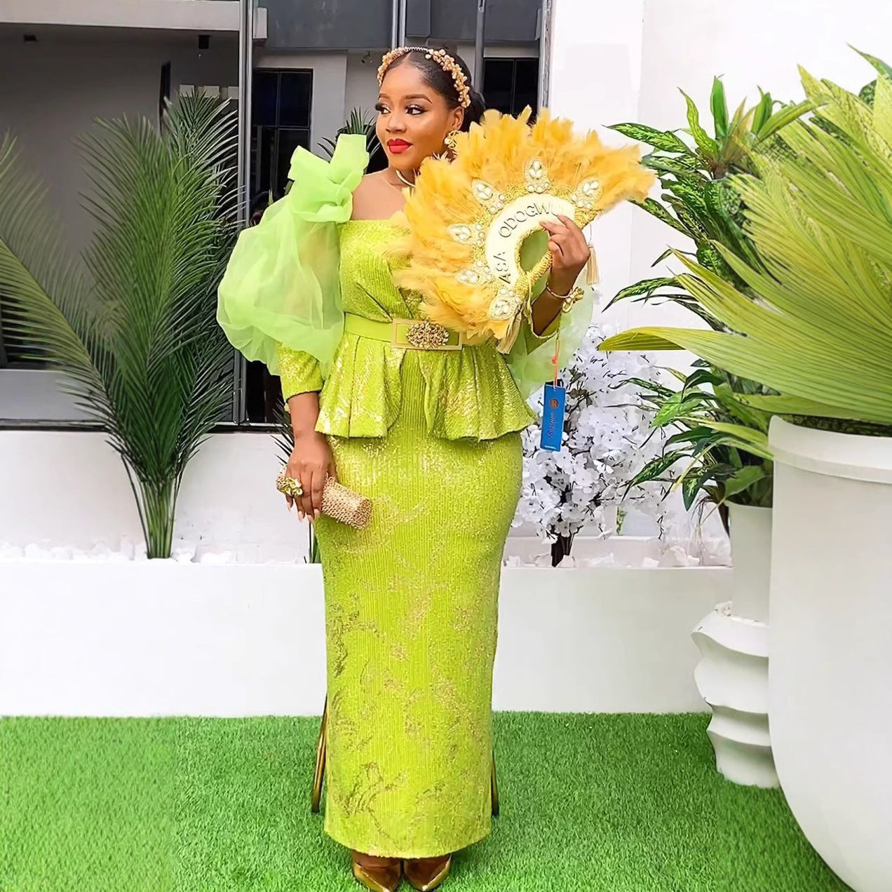 African Women's Plus Size High Waist Fashion Sequin Christmas Party Dress