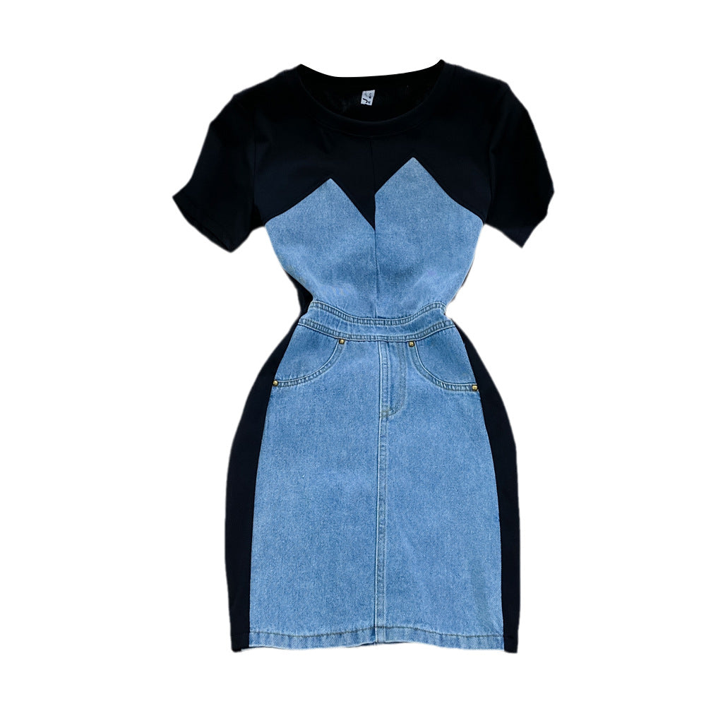 Women Round Neck Short Sleeve Denim Bodycon Dress 6