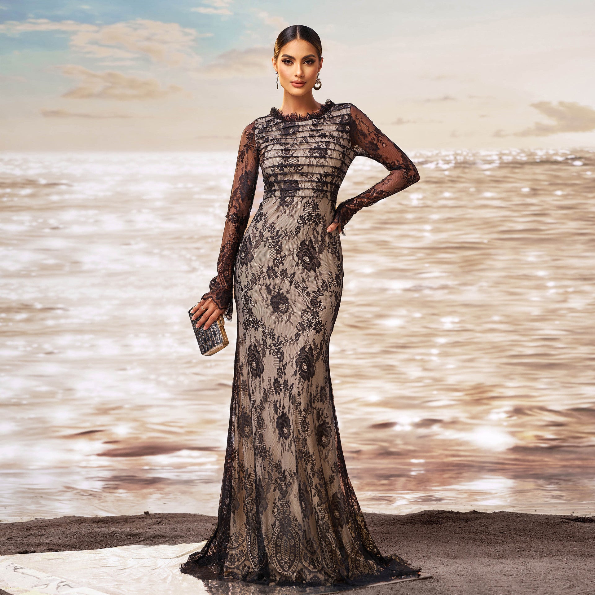 Luxury Long Sleeve Round Neck Formal Party Mesh Slim Fishtail Evening Dress Women Bridesmaid Gown 3