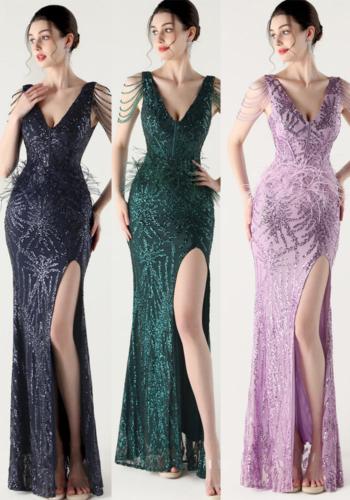Women Furry Fishbone Lace-Up V Neck Slit Evening Dress