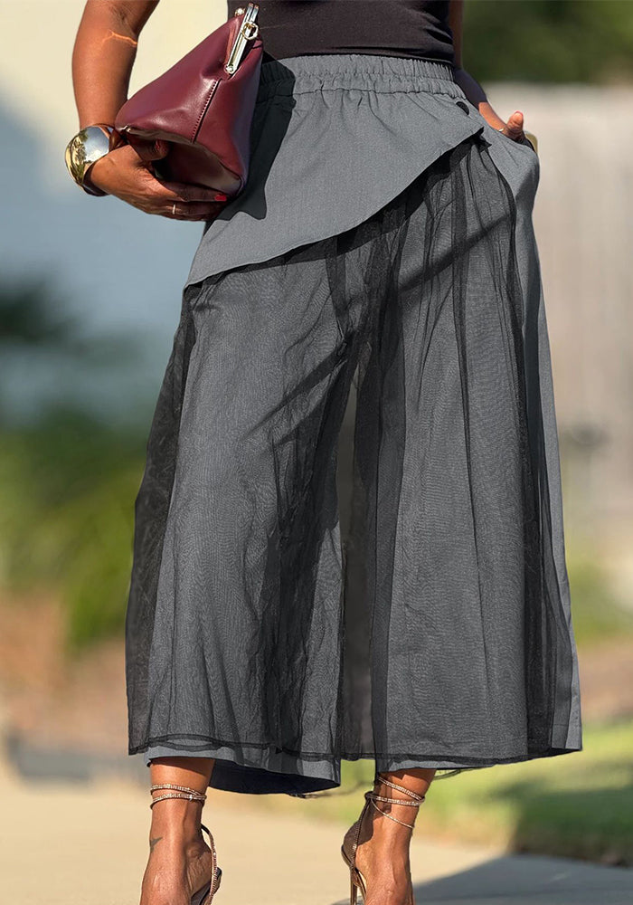 Women's Patchwork Mesh Fashion Wide-Leg False Two-Piece Casual Pants