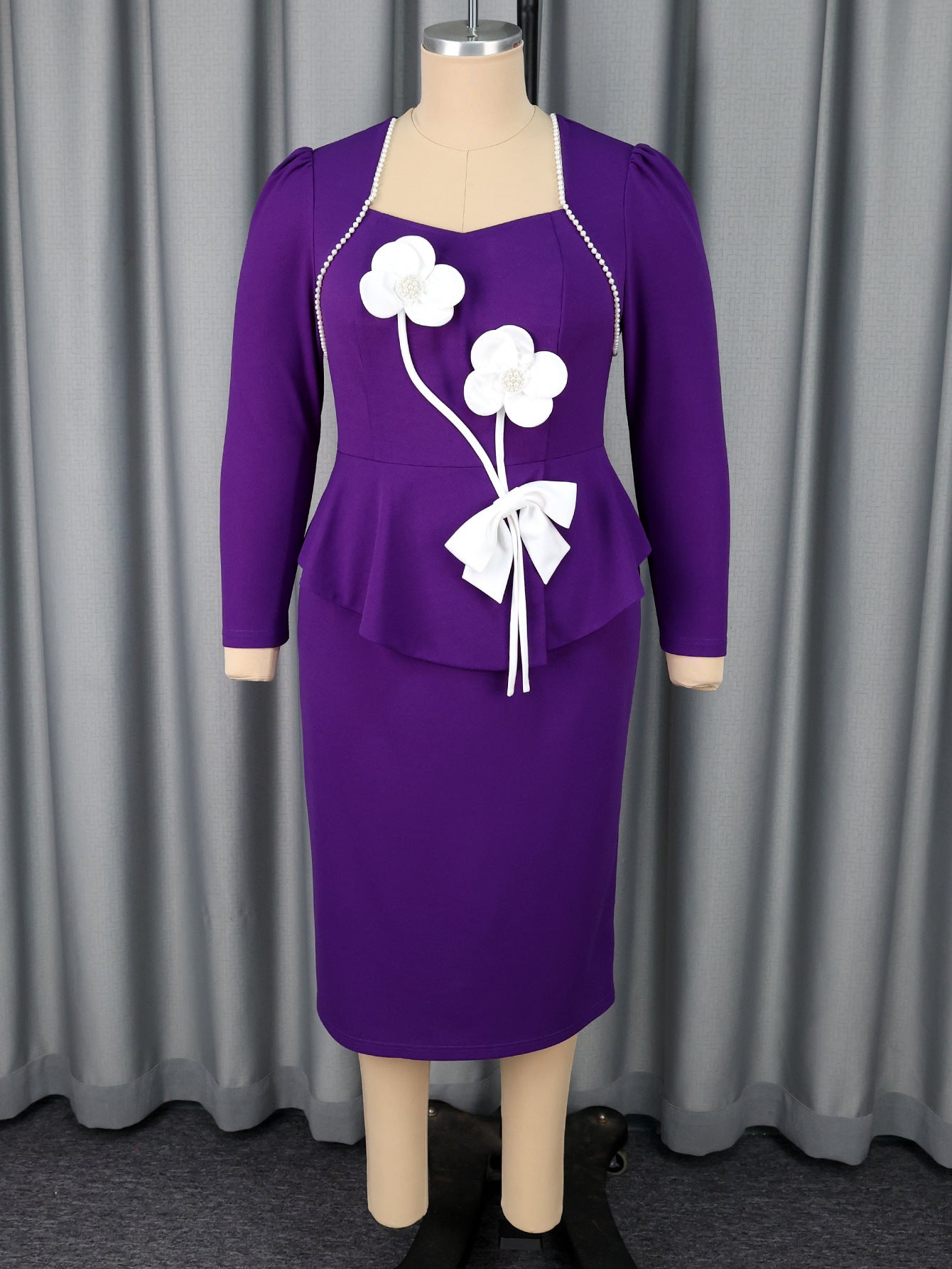 Women's Purple Square Neck Floral Color Block Long Sleeve Dress Slim Fit Party Bodycon Dress 4