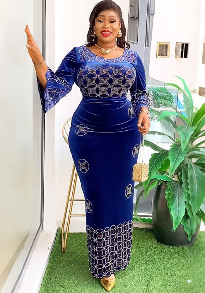 Fashion Beaded Slim Long Dress African Velvet Evening Dress