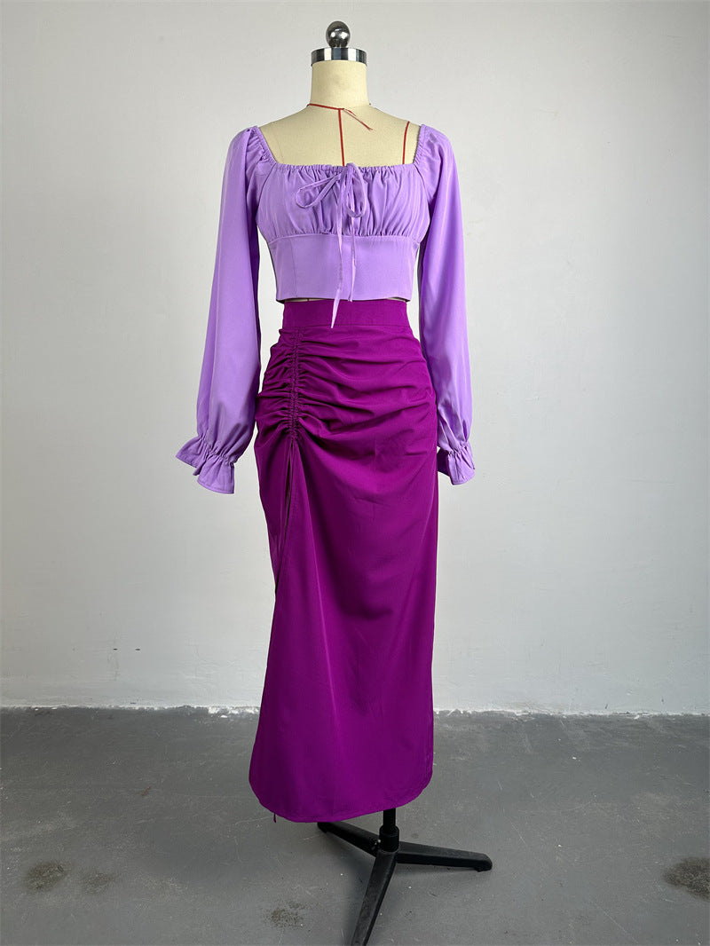 Women's Spring Fashion Square Neck Bell Bottom Sleeve Cropped Top Slit Skirt Two Piece Set 11