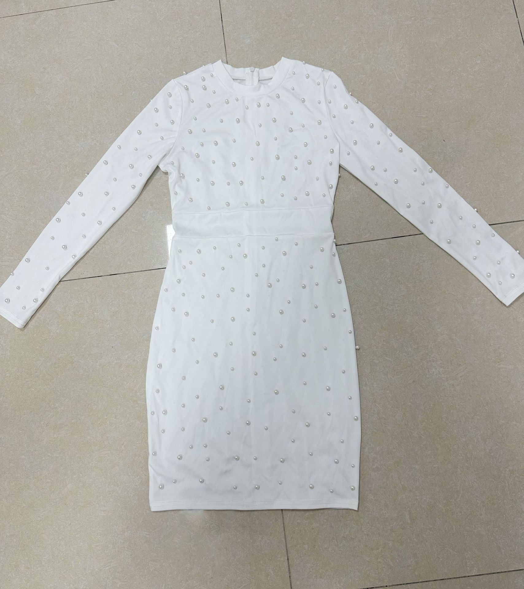 Women Solid Winter Beaded Long Sleeve Bodycon Dress 14