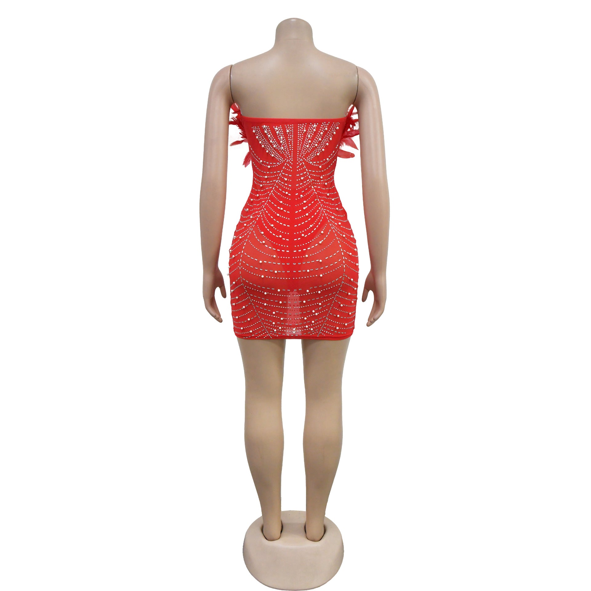 Fashion Women's Solid Color Mesh Beaded Feather Dress 37