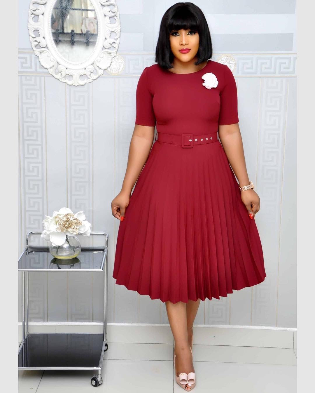 Plus Size Women summer Round Neck African pleated dress with belt 3