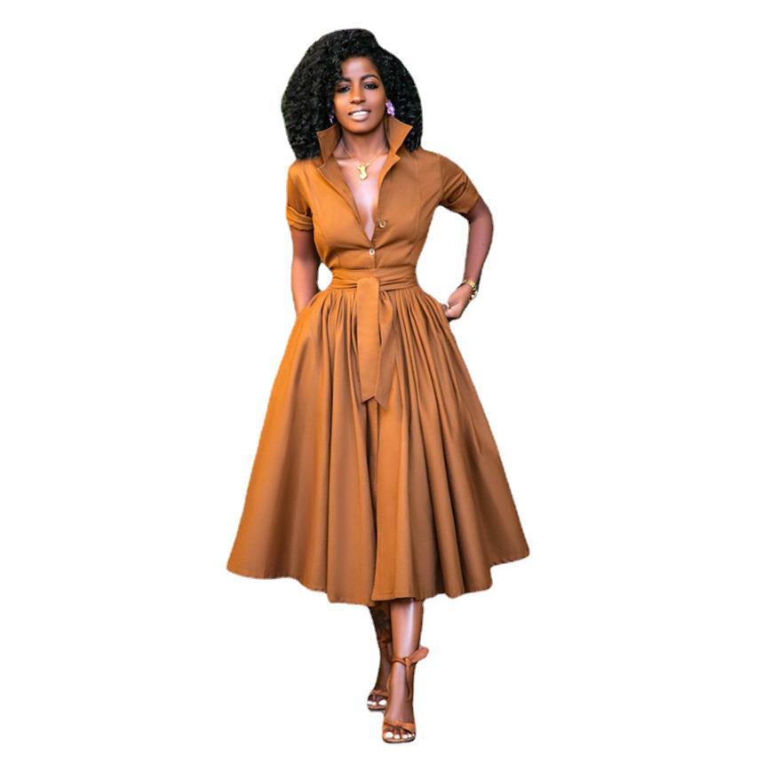 Solid Color Belted Long Sleeve Turndown Collart Button-Up Shirt Dress 10