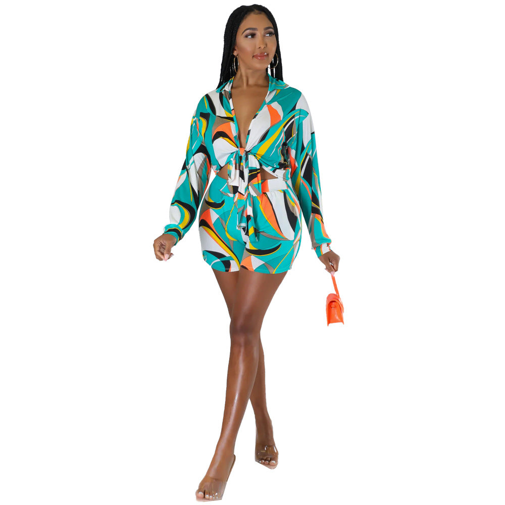 Women Printed Lace-Up Long Sleeve Shirt and Shorts Holidays Two-Piece Set 9