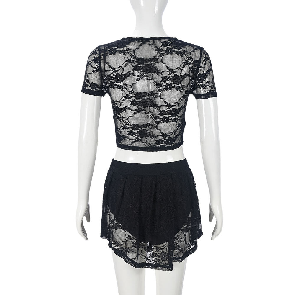 lace hollow Crop Short-sleeved top short skirt fashion sexy two piece set for women 5