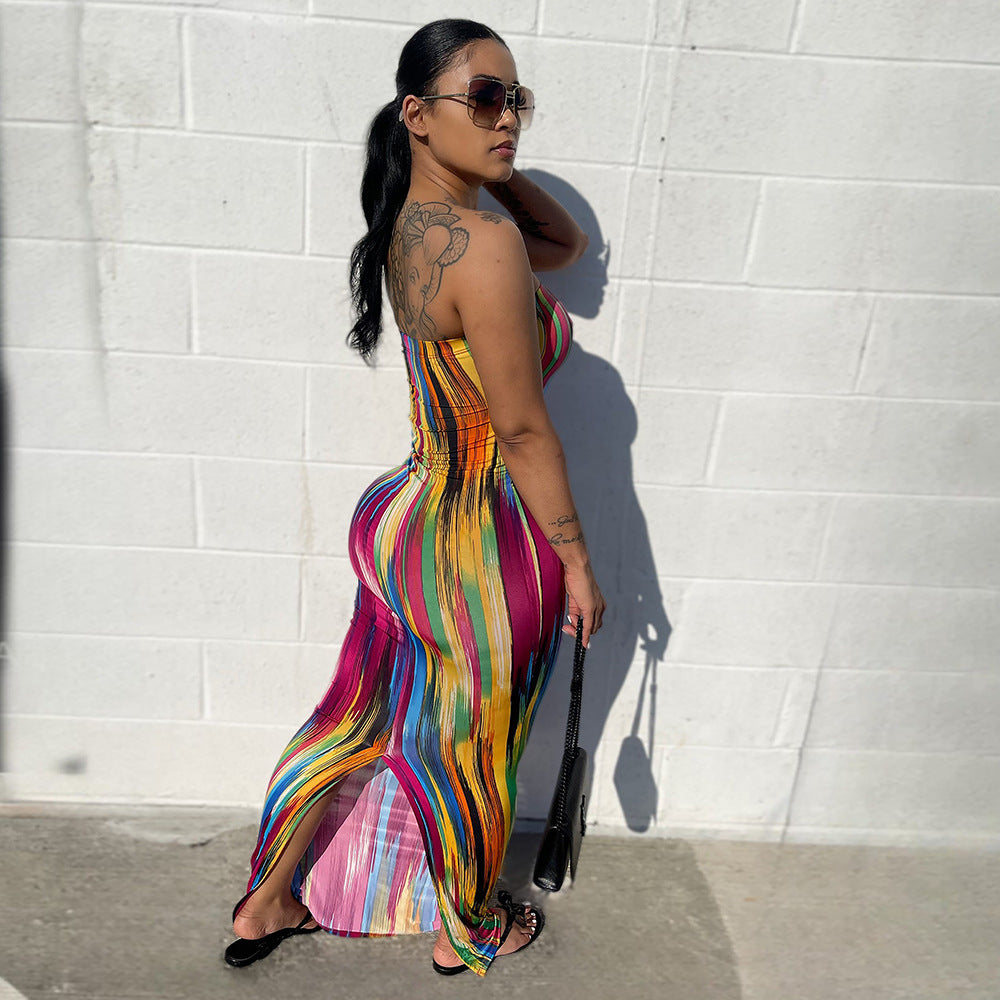 Women Summer Sexy Off Shoulder Strapless Striped Printed Slit Dress 3
