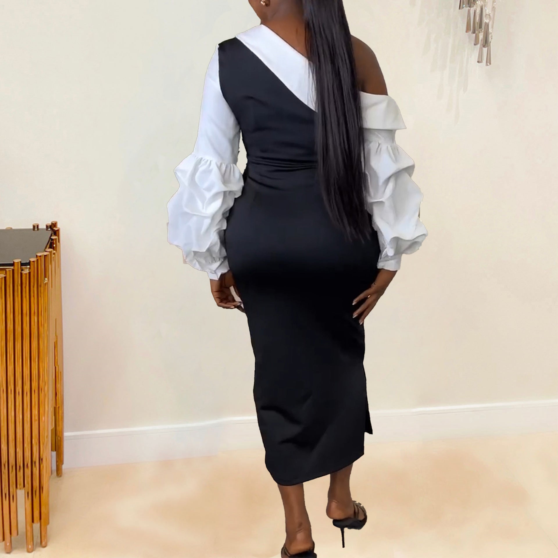 Women Contrast Slash Shoulder Stretch Bodycon Slit Balloon Sleeve Dress 3