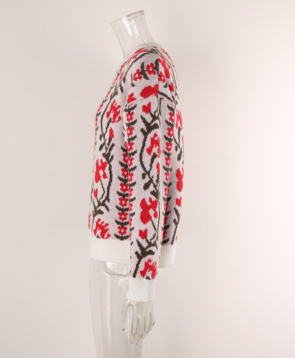 Women Jacquard Branch Round Neck Floral Sweater 10