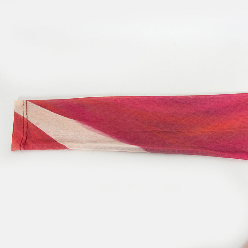 Women Spring Round Neck Long Sleeve Sexy Mesh Print Maxi Dress 11