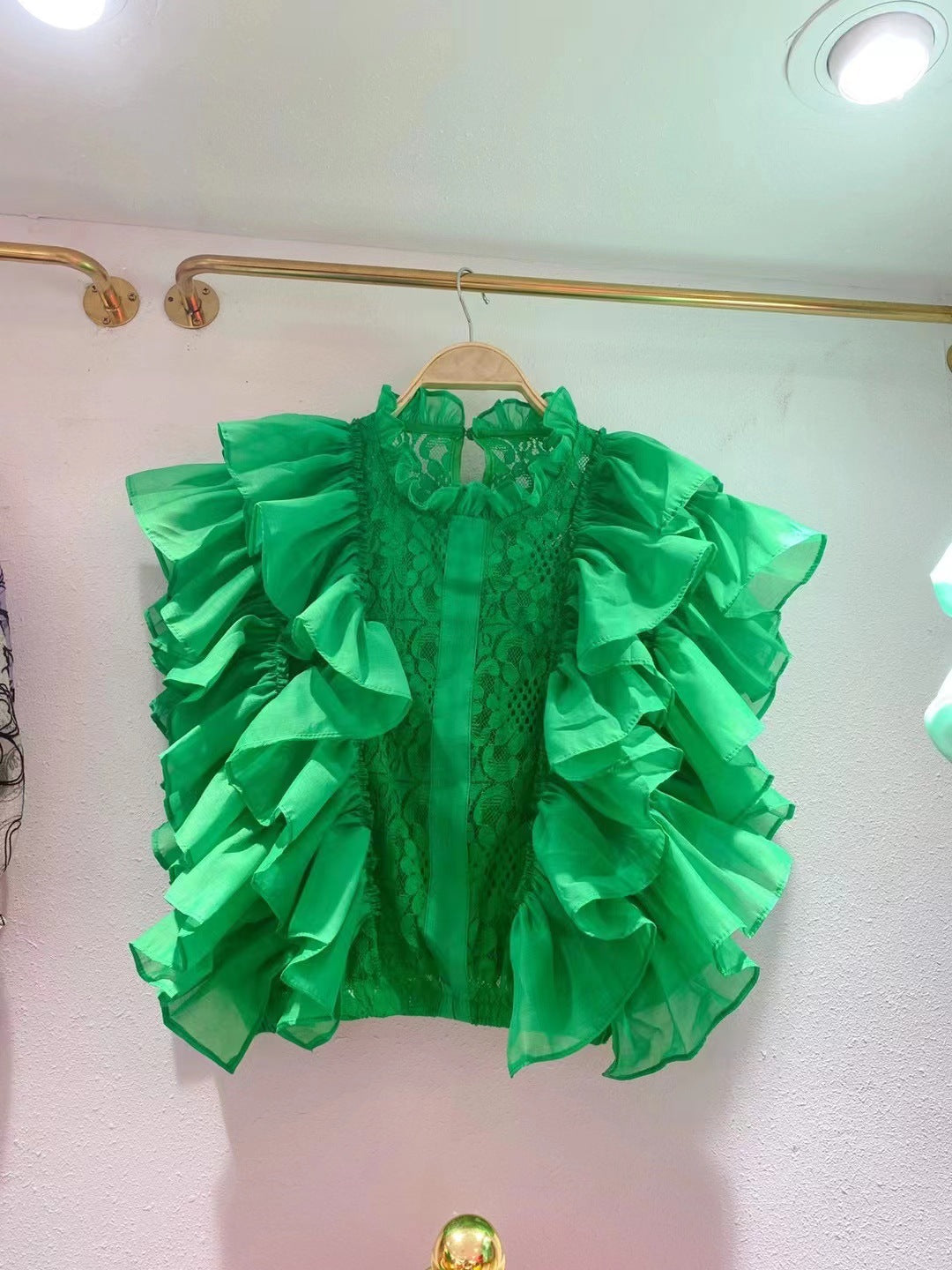 Women Summer French Ruffle Patchwork Crochet Hollow Stand Collar Lace Shirt 9