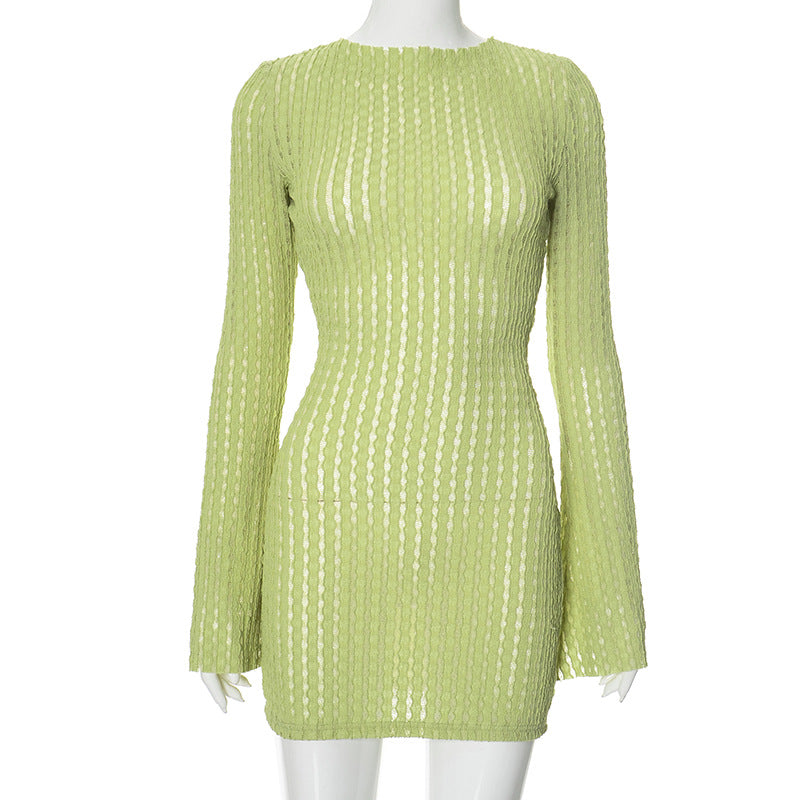 Women's Summer Solid Color Low Back Long Sleeve Slim High Waist Knitting Short Dress 10