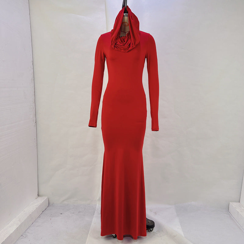 Women Autumn Solid Hooded Long Sleeve Dress 8