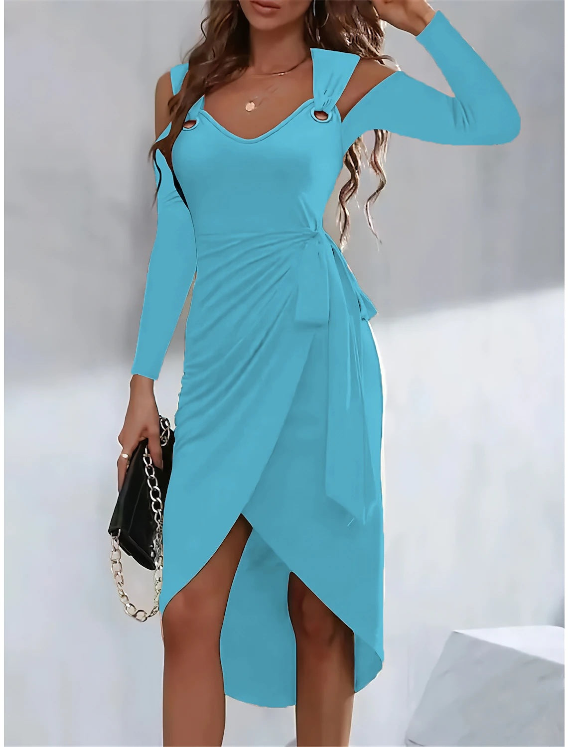 Women Solid Metal Button V-Neck Lace-Up Dress 13