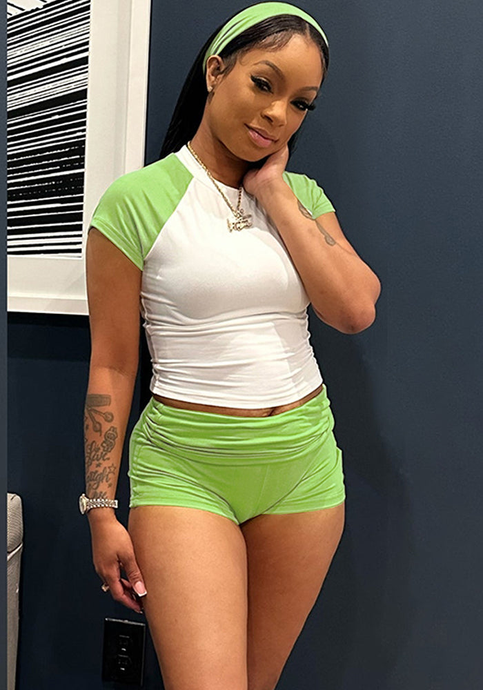 Women street raglan contrast short sleeve top and shorts Casual sports two piece set with headband