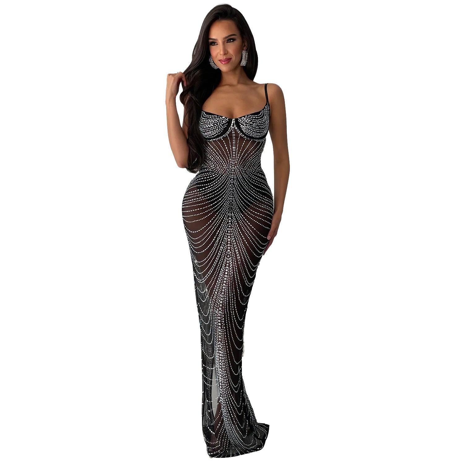 Women's Solid Color Mesh Beaded Straps Maxi Dress 7