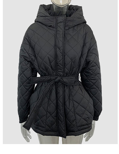 Women's Winter Clothes Slim Fit Lace-Up Turndown Collar Long Sleeve Long Style Hooded Cotton-Padded Jacket 19