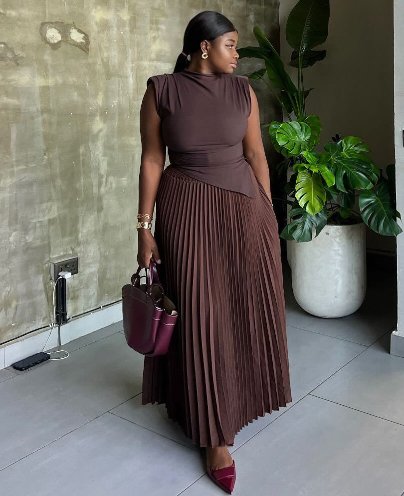 African Women Solid Irregular Sleeveless Crop Top Pleated Skirt Two-piece Set