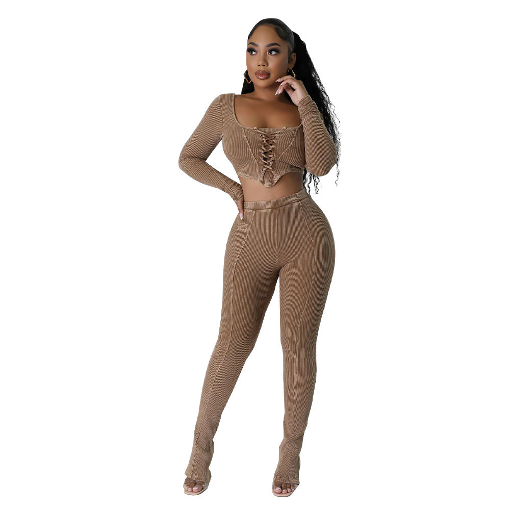 Women's Square Neck Long Sleeve Lace Up Top Sexy Tight Fitting Pencil Pants Fashion Two Piece Set 12