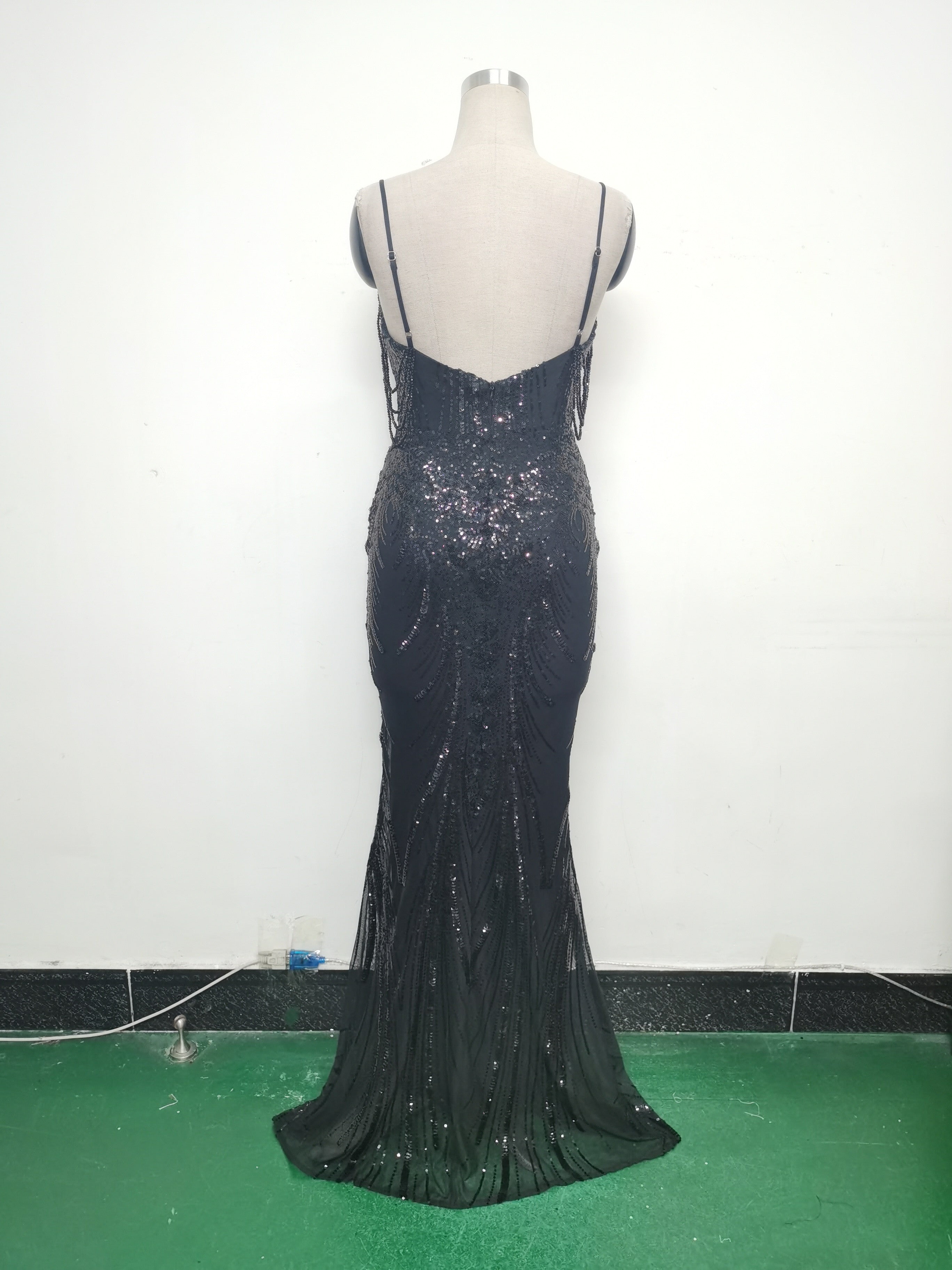 Fishbone Slim Waist Sexy Rhinestone Chain Strap Evening Dress 29