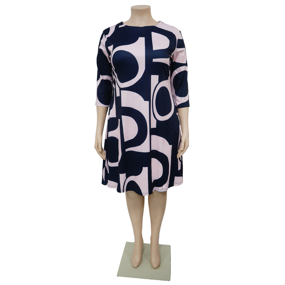 Plus Size Women's Autumn And Winter Digital Print Round Neck Half-Sleeve Loose Dress 9