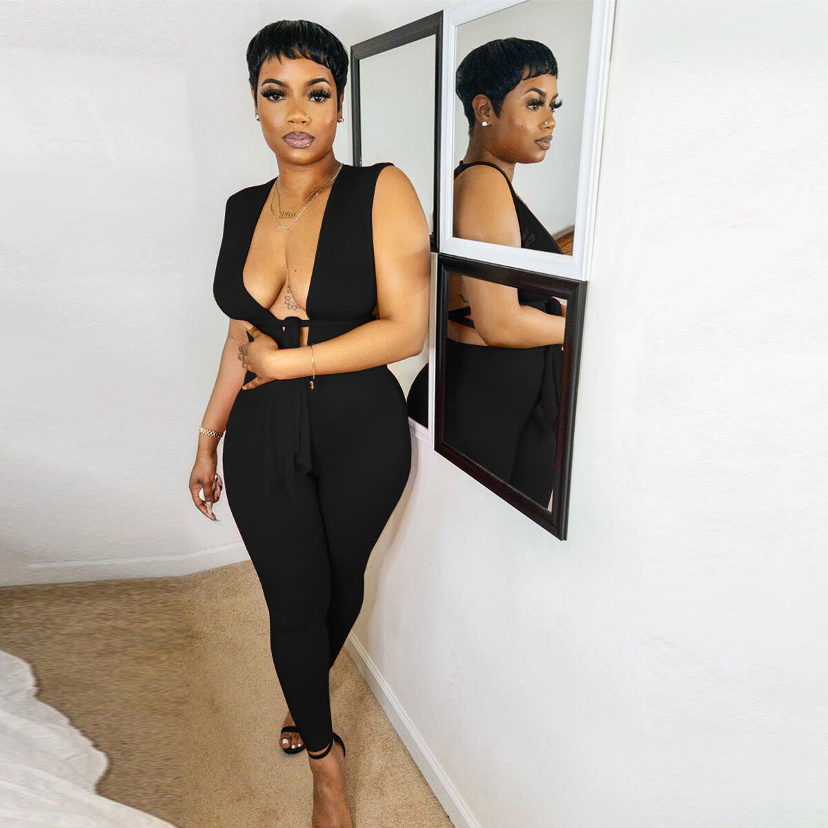 Nightclub Women Clothes Stretch Ribbed Sexy Lace-Up Sleeveless Jumpsuit 4