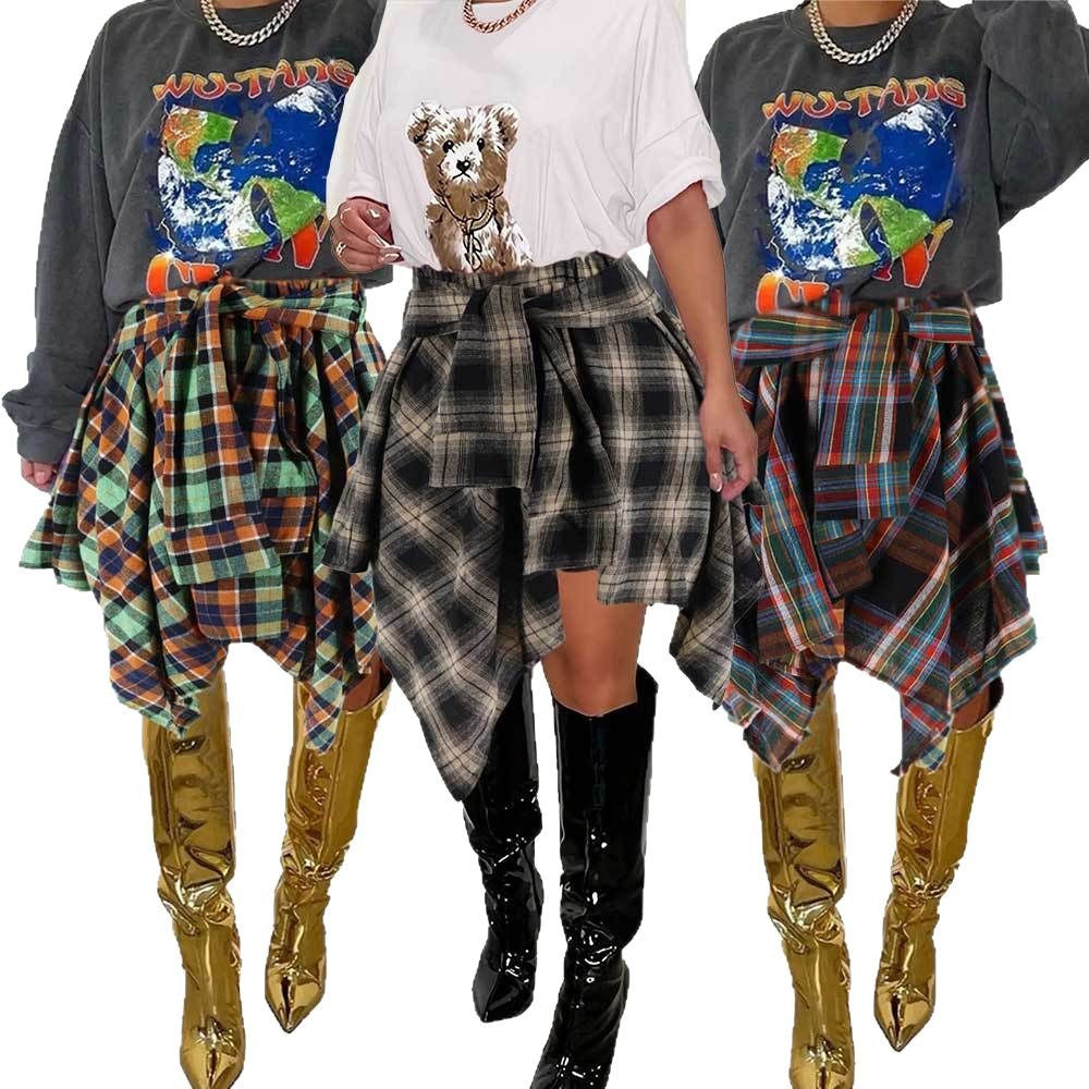 Women Style Patchwork Irregular Plaid Skirt 8