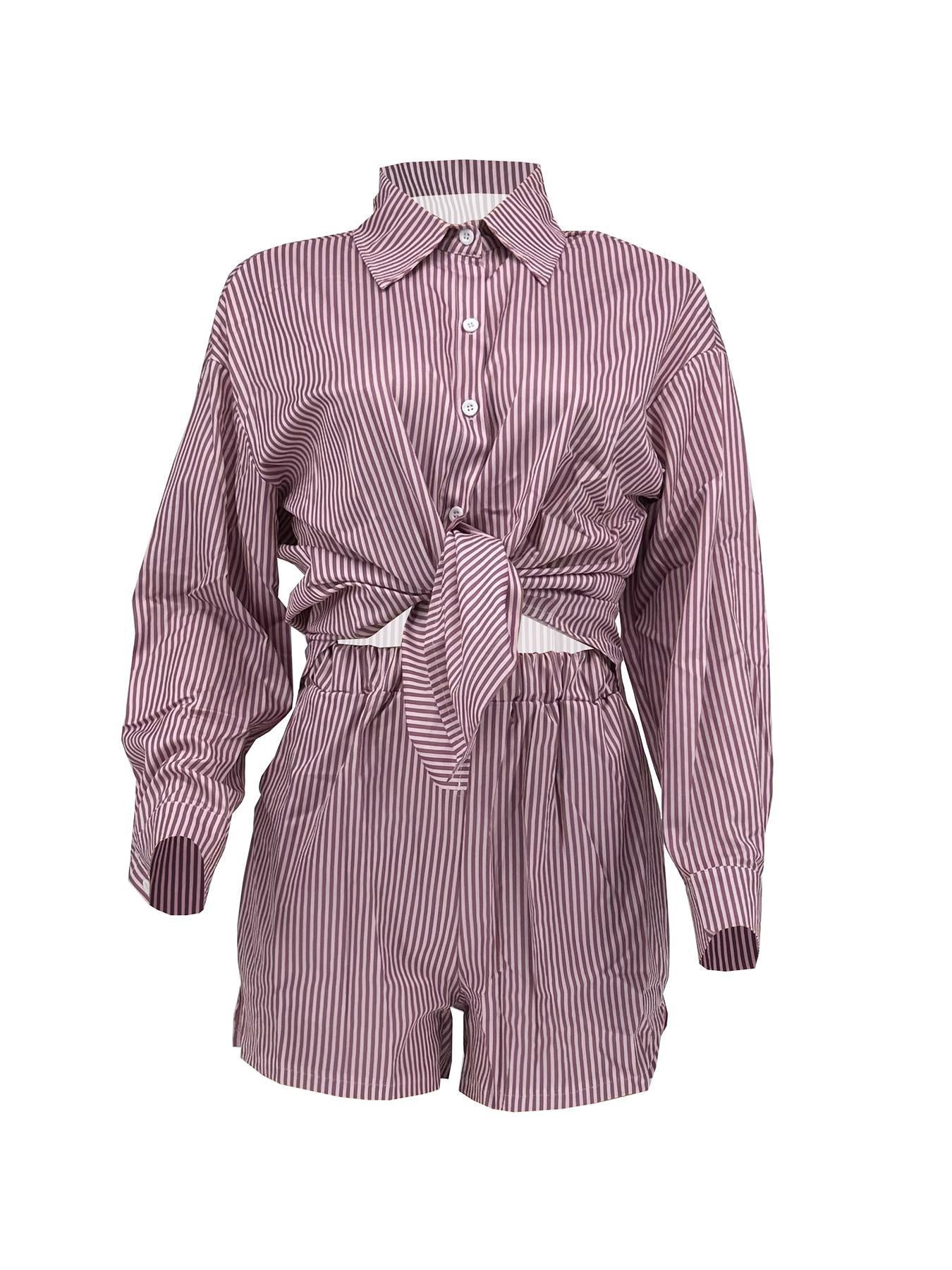 Women Spring Summer Holidays Long Sleeve Shirt Striped Shorts Two Piece Set 9