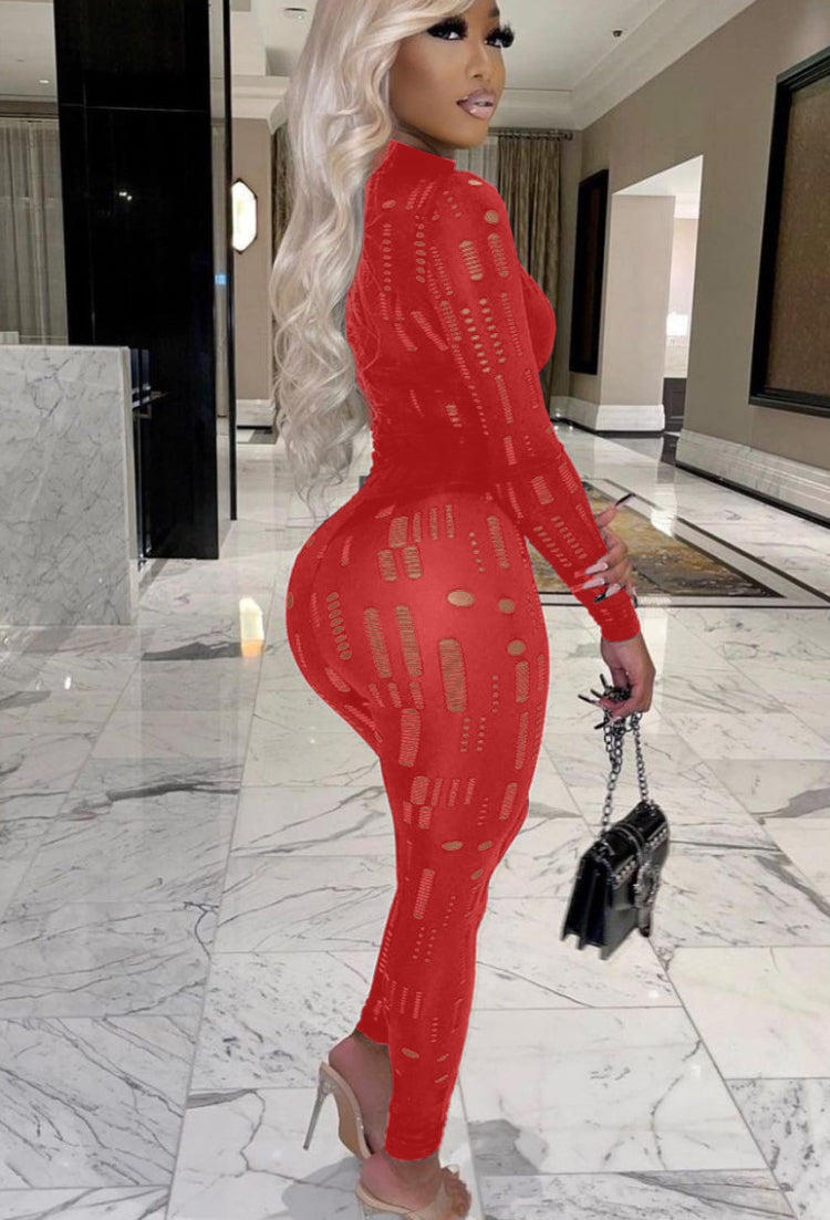 Spring Red Sexy Hollow Out Tight Top and Pants Two Piece Set