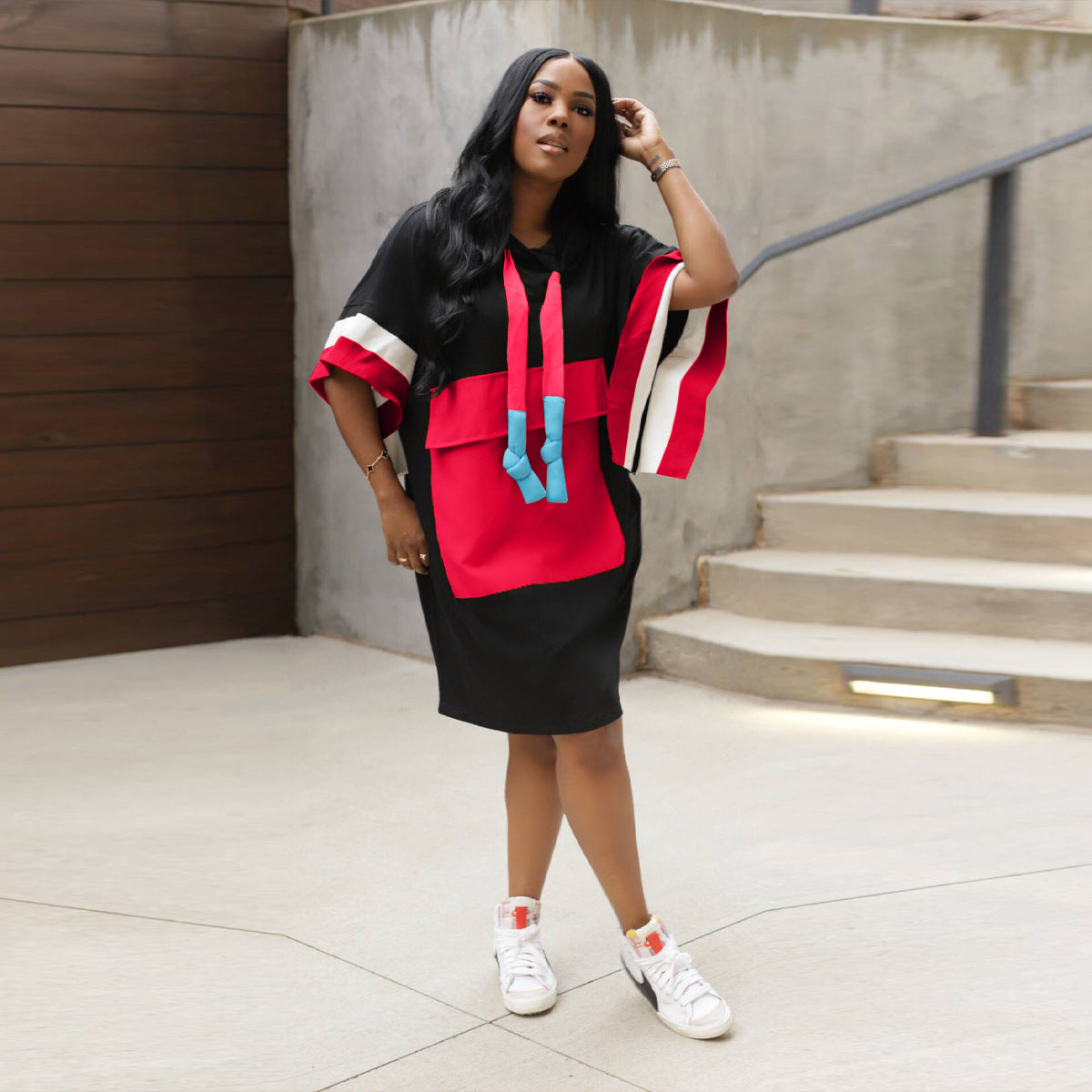 Summer Hooded Loose Bat Short Sleeve Casual Dress 6