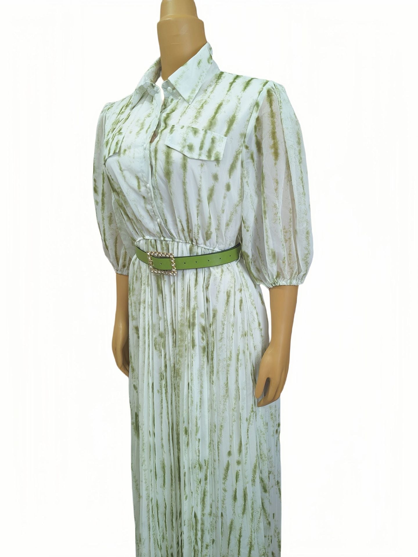 African Women Printed Turndown Collar Long Sleeve Chiffon Dress with Belt 6