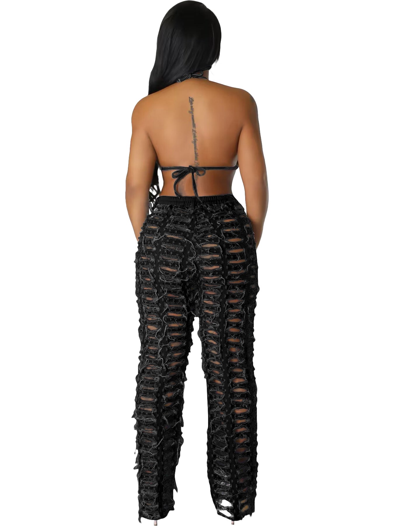 Spring Summer Women's Ripped Tassel Solid Color Wide Leg Pants 7