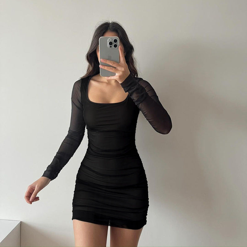 Women Sexy Mesh Long Sleeve Bodycon Dress