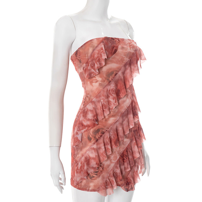 Women's Spring/Summer Flounce Mesh Strapless Mini Rose Print Bodycon Dress 7