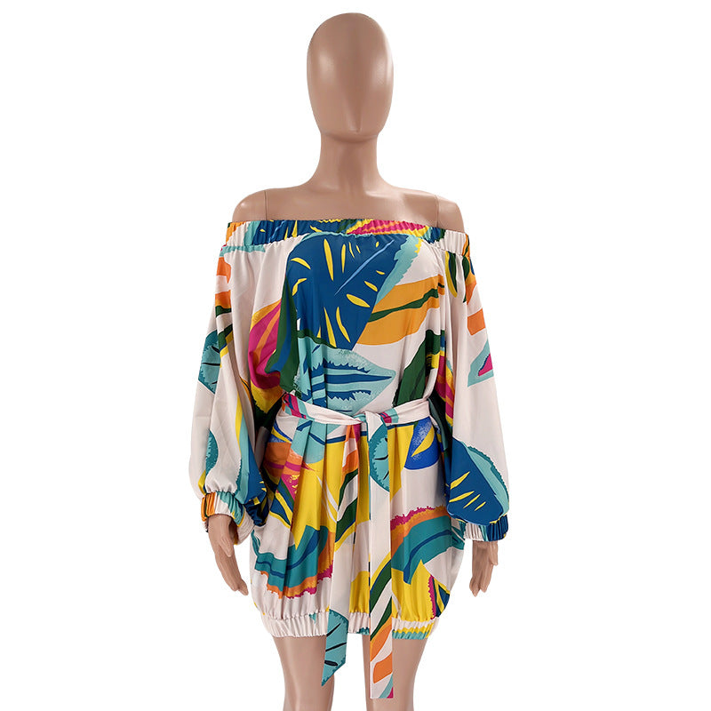 plus size off shoulder printed bat long sleeve loose dress 19