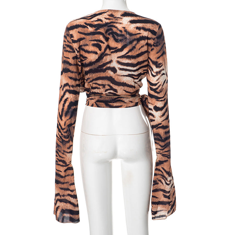 Women Tiger Print Slit Swinging Collar Lace-Up Sexy mesh long-sleeved top 6