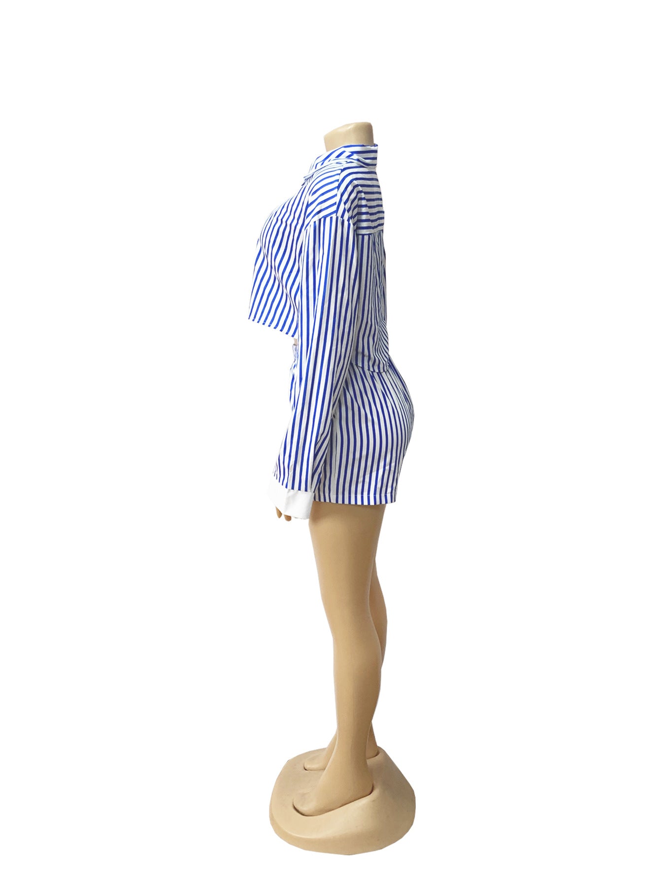 Women Spring and Summer Career Casual Turndown Collar Striped Long Sleeve Shirt Shorts Two-piece Set 14