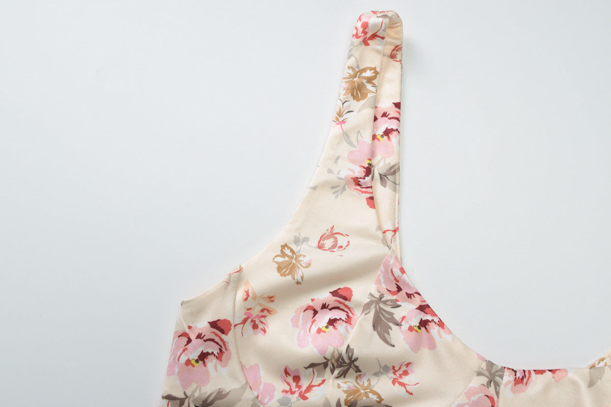 Spring Sexy Low Cut U-Neck Flower Print Slit Strap Dress 11