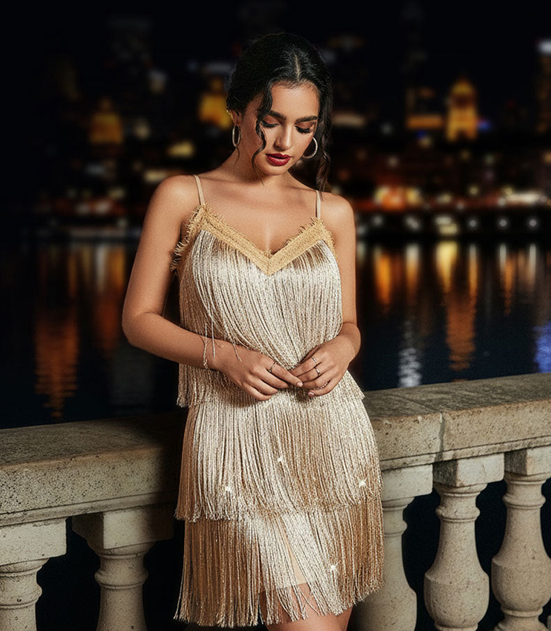 Solid Color V-Neck Halter Fringe Low Back Cocktail Dress Party Short Dress