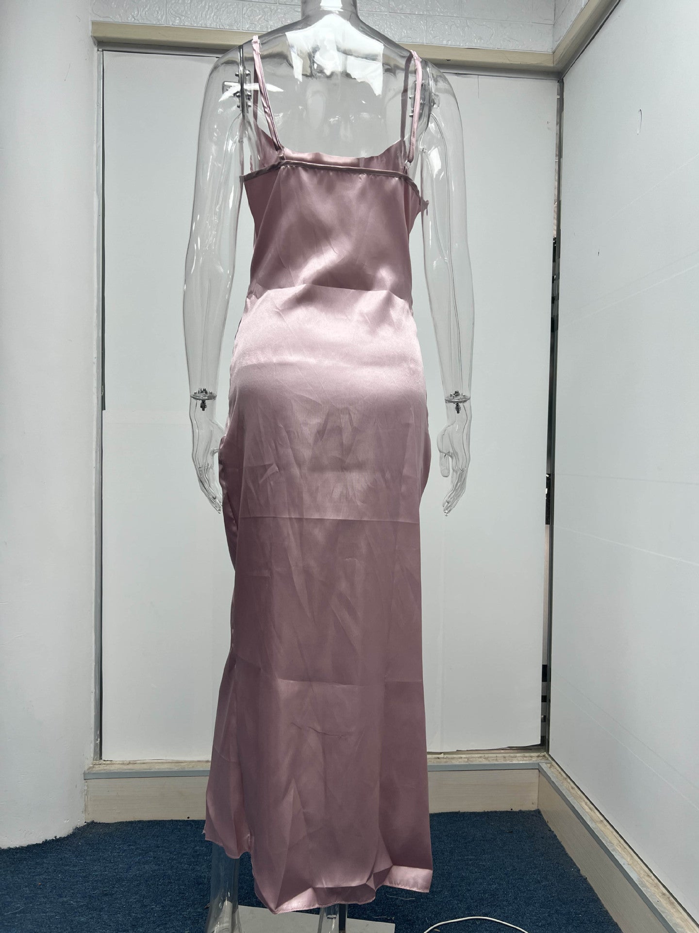 Sexy Low Cut Satin Slit Strap Dress Slim Fit Low Back Maxi Dress 38