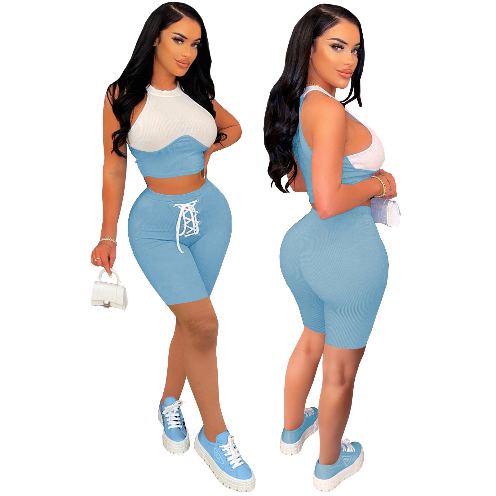 Summer Sexy Solid Colorblock Knitted Crop Top Shorts Two-Piece Set 5