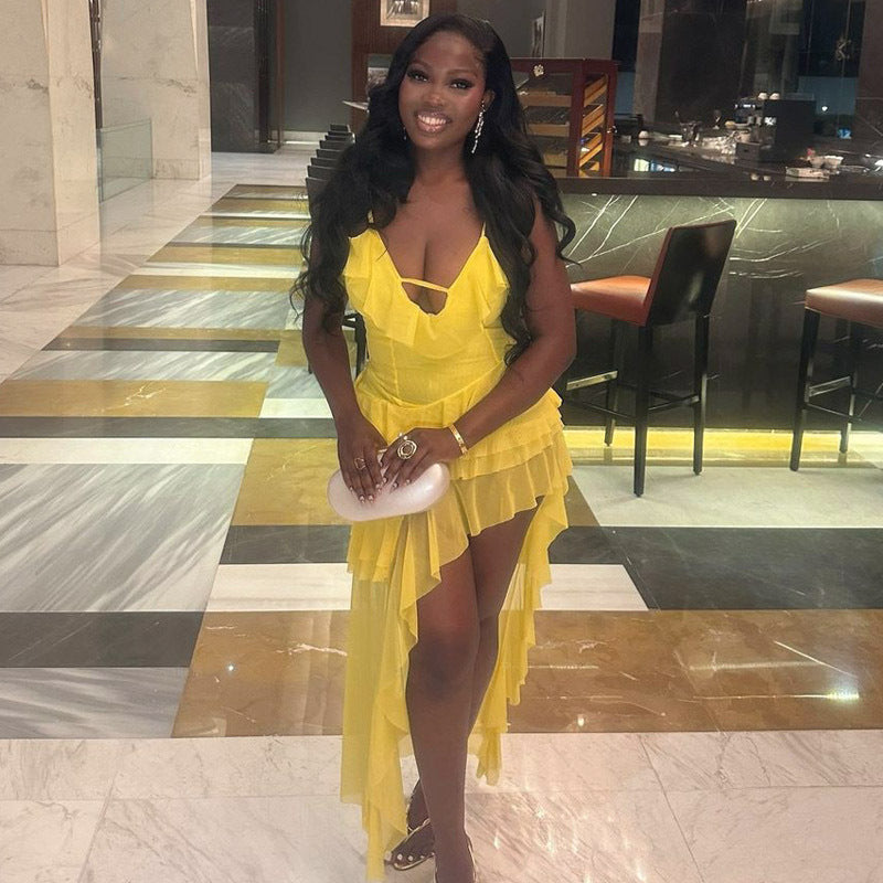 African Women Sexy Slit Ruffled Irregular Dress