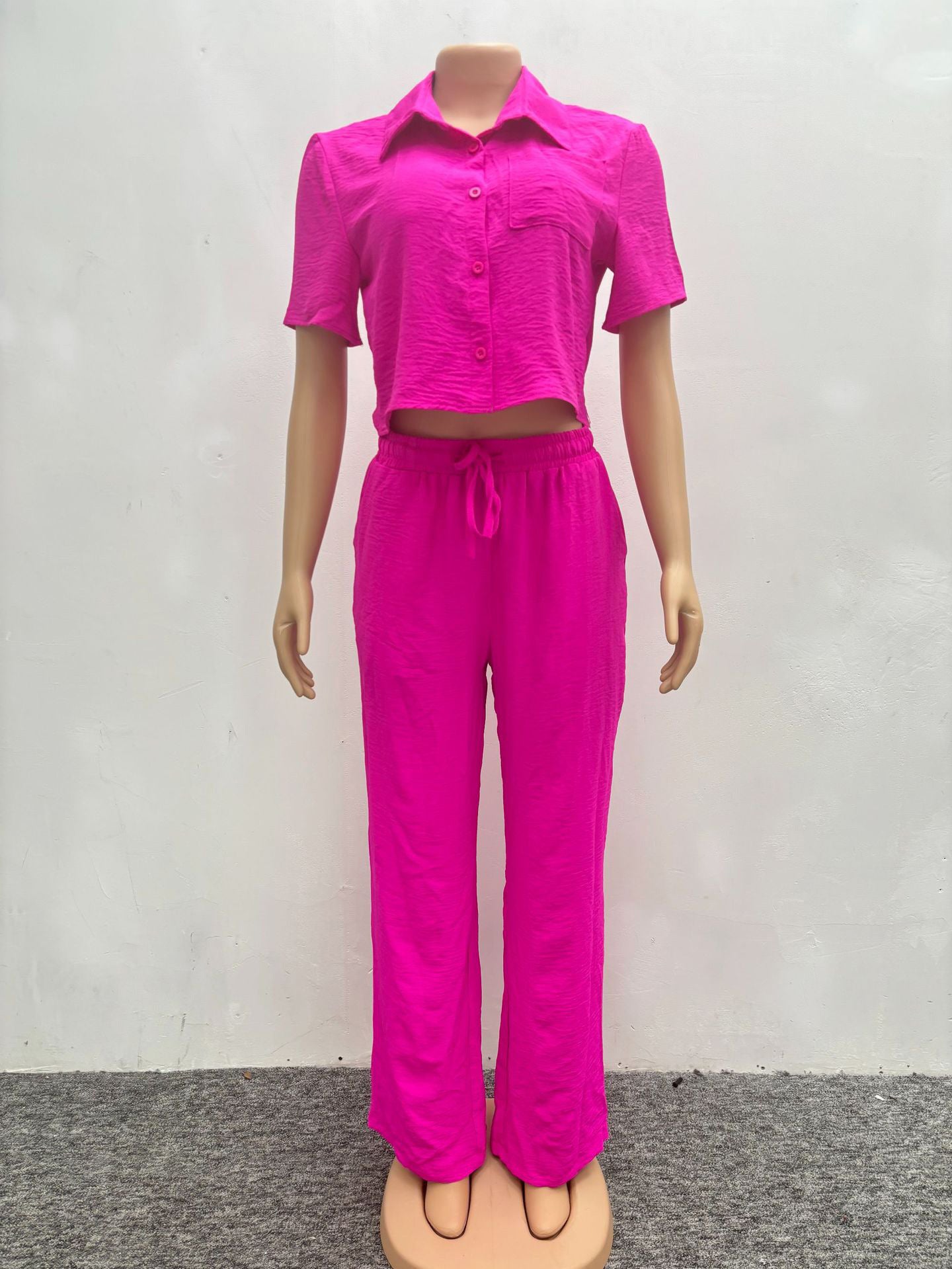 Plus Size Casual African Women Summer Solid Short Sleeve Top and Pant Two-piece Set 14