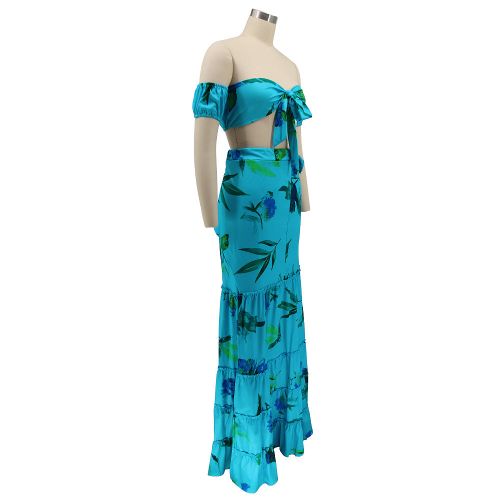 Women summer printed short-sleeved crop Top and slit Skirt sexy two-piece set 24