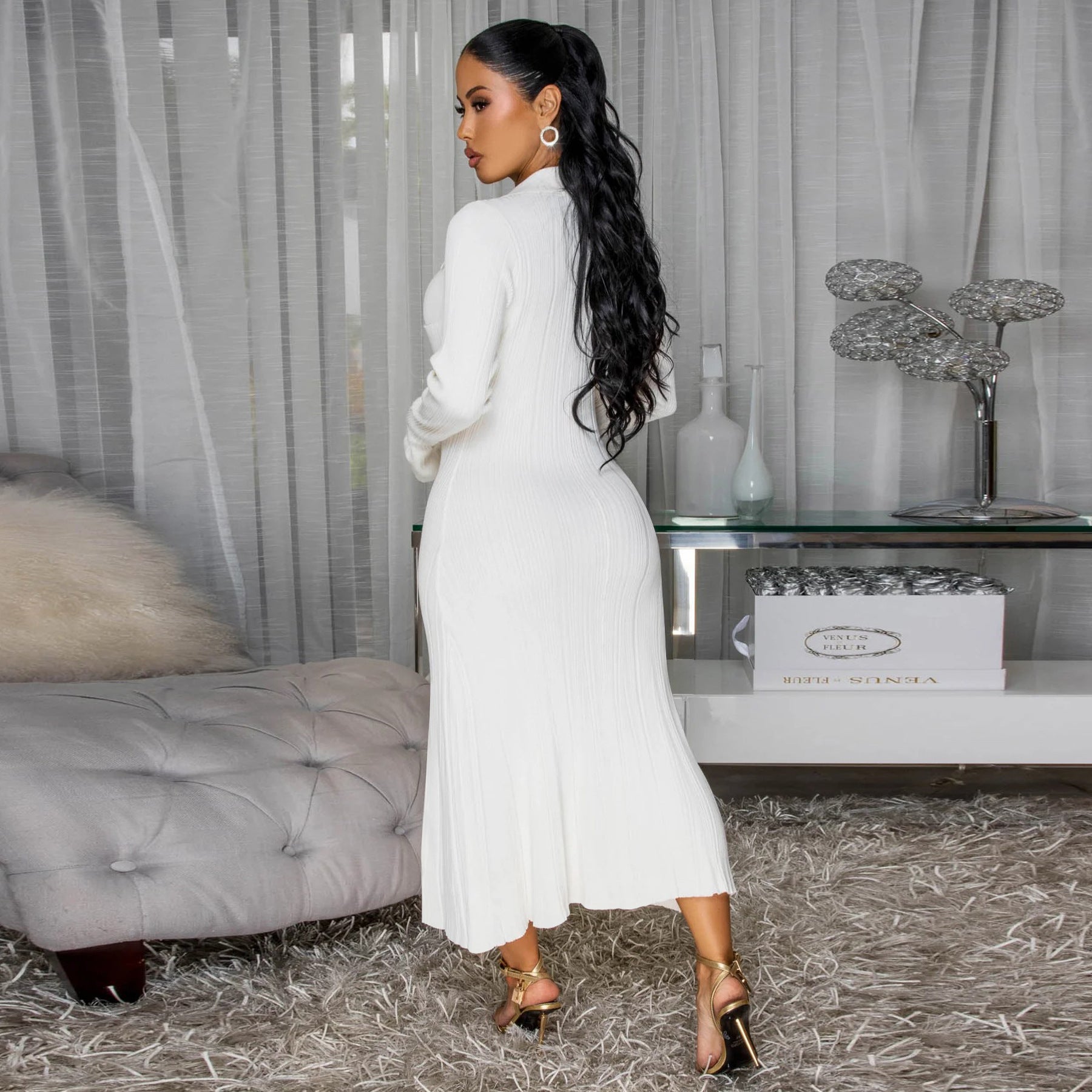 Women's Fashion V-Neck Single Row Buttons Long Sleeve Solid Long Dress 33