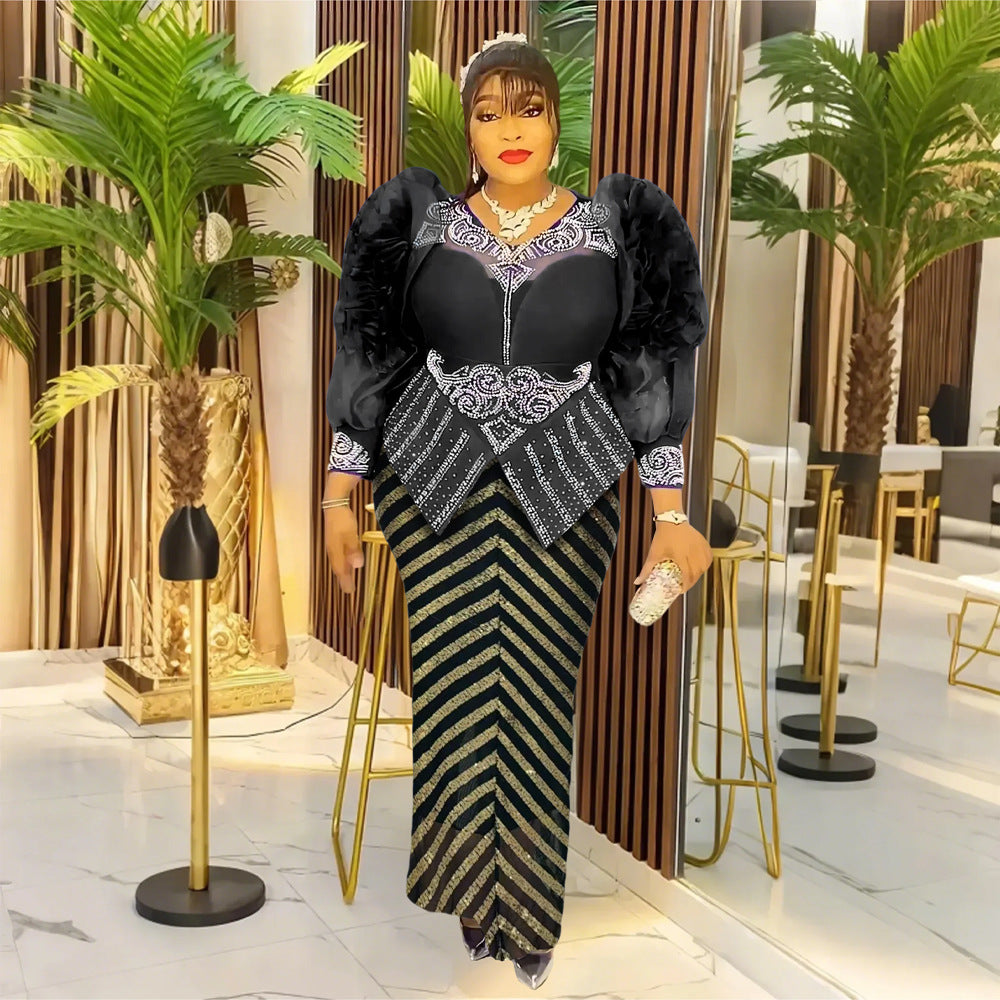 African Women's Plus Size High Waist Beaded Sequin Formal Party Dress 3